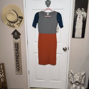 Lula Roe Julia Dress sz XXS Orange Gray Colorblock Short Sleeve...